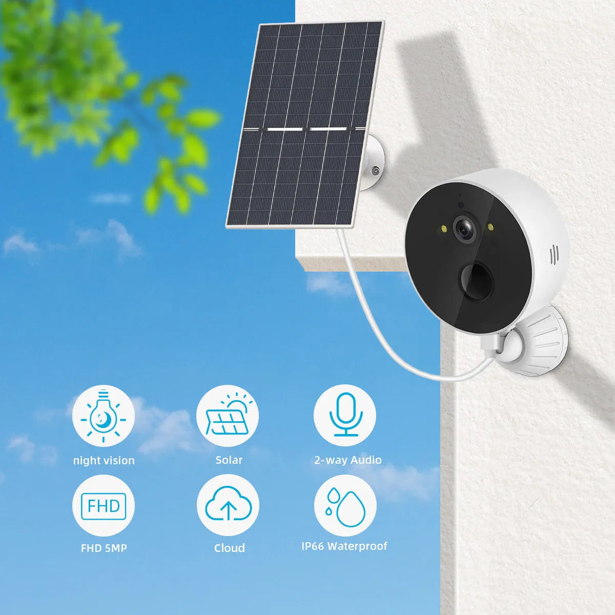 Solar-powered outdoor security camera with solar panel and 1080P resolution