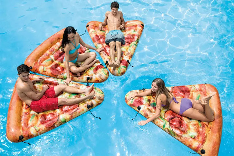 Colourful pizza inflatable surfboard recliner floating in pool