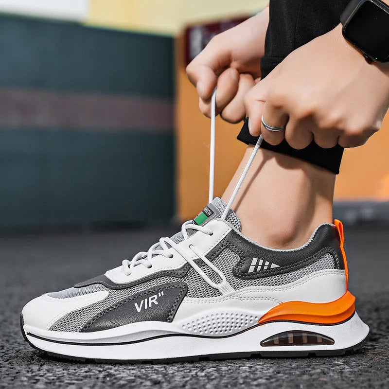 Men's grey mesh running shoes with round toe and lightweight EVA sole