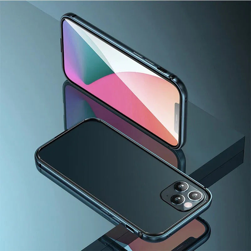 All edge covered metal border phone case in red and silver for iPhone 11 12 13 14 15 Pro Max