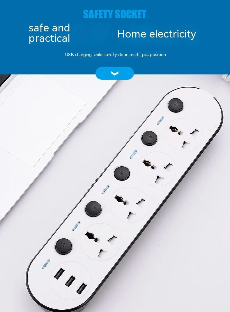 International power strip with multiple switches, USB ports, and compatible with EU, US, UK and AU plug standards