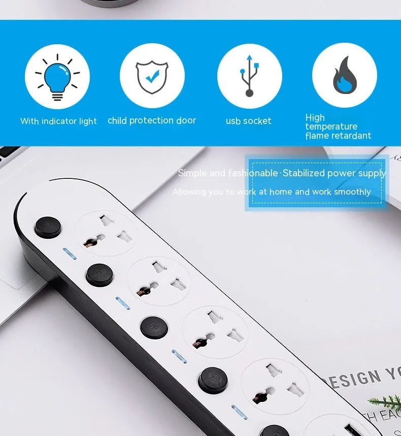 International power strip with multiple switches, USB ports, and compatible with EU, US, UK and AU plug standards
