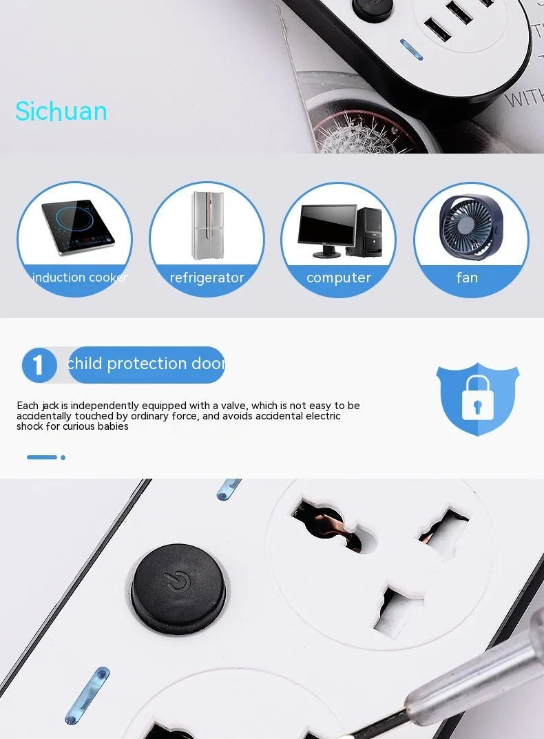 International power strip with multiple switches, USB ports, and compatible with EU, US, UK and AU plug standards