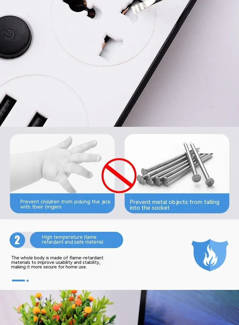 International power strip with multiple switches, USB ports, and compatible with EU, US, UK and AU plug standards