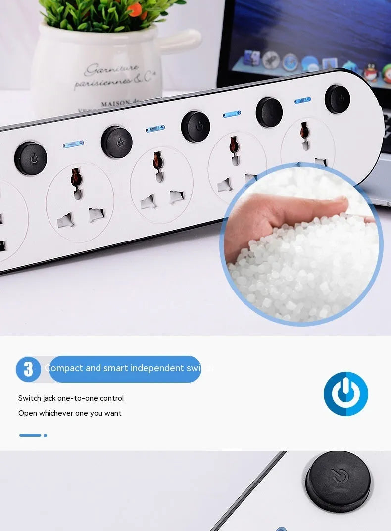 International power strip with multiple switches, USB ports, and compatible with EU, US, UK and AU plug standards