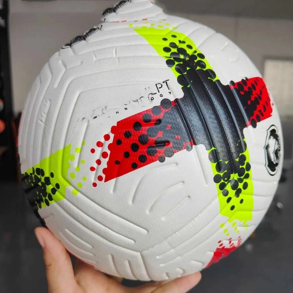 Fluorescent green size 5 PU football with seamless thermal adhesive patch construction.