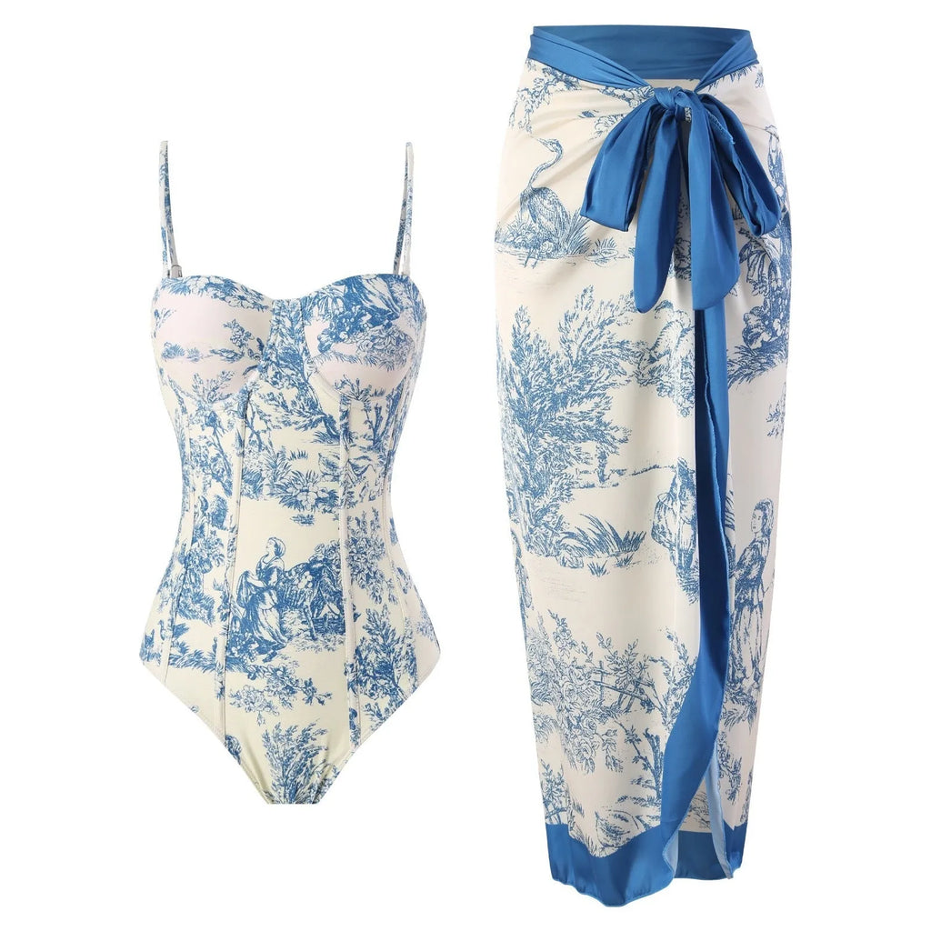 Blue women's one-piece swimsuit with matching gauze skirt in polyester fabric showing Asian sizing options