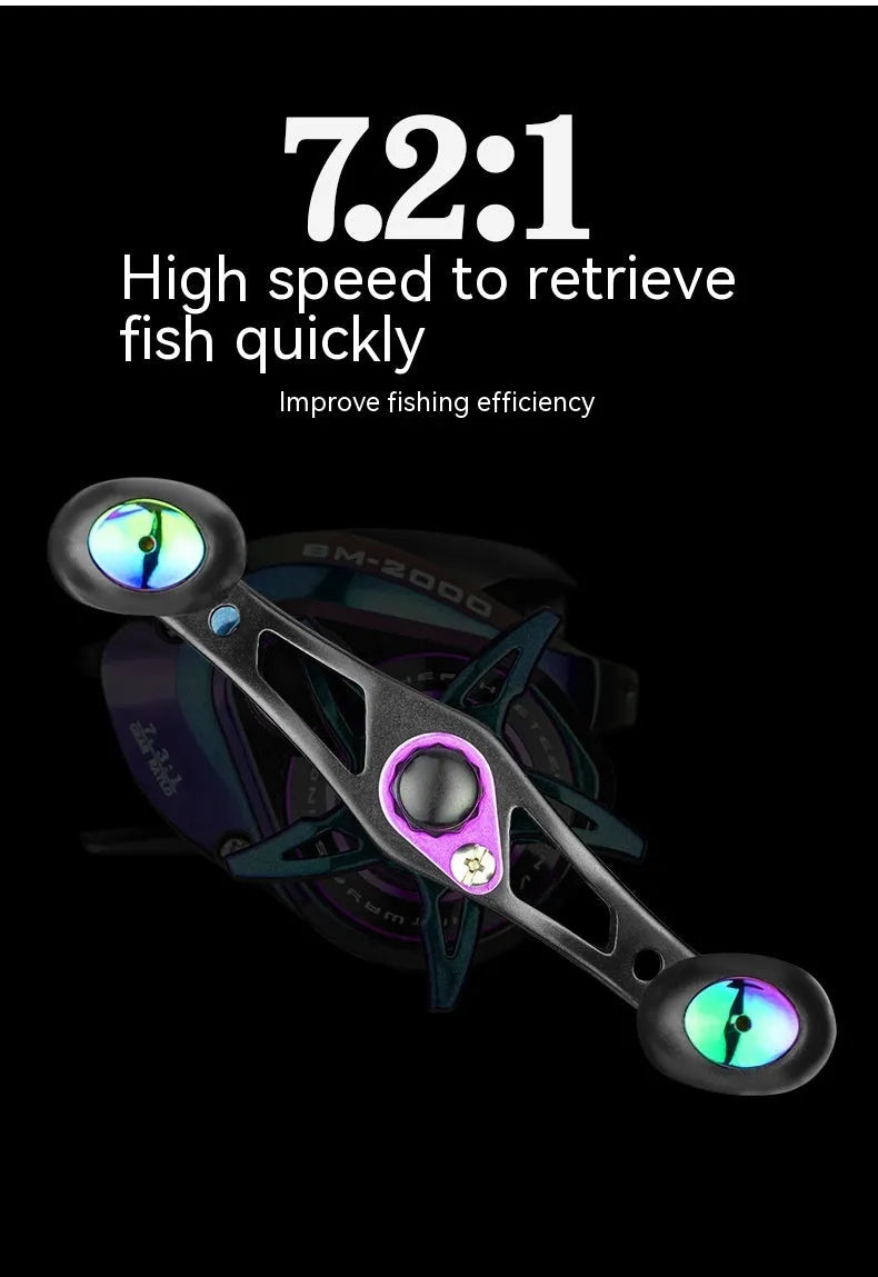 BM2000 water drop shaped spincast fishing reel with magnetic brake, shown in left and right hand versions.