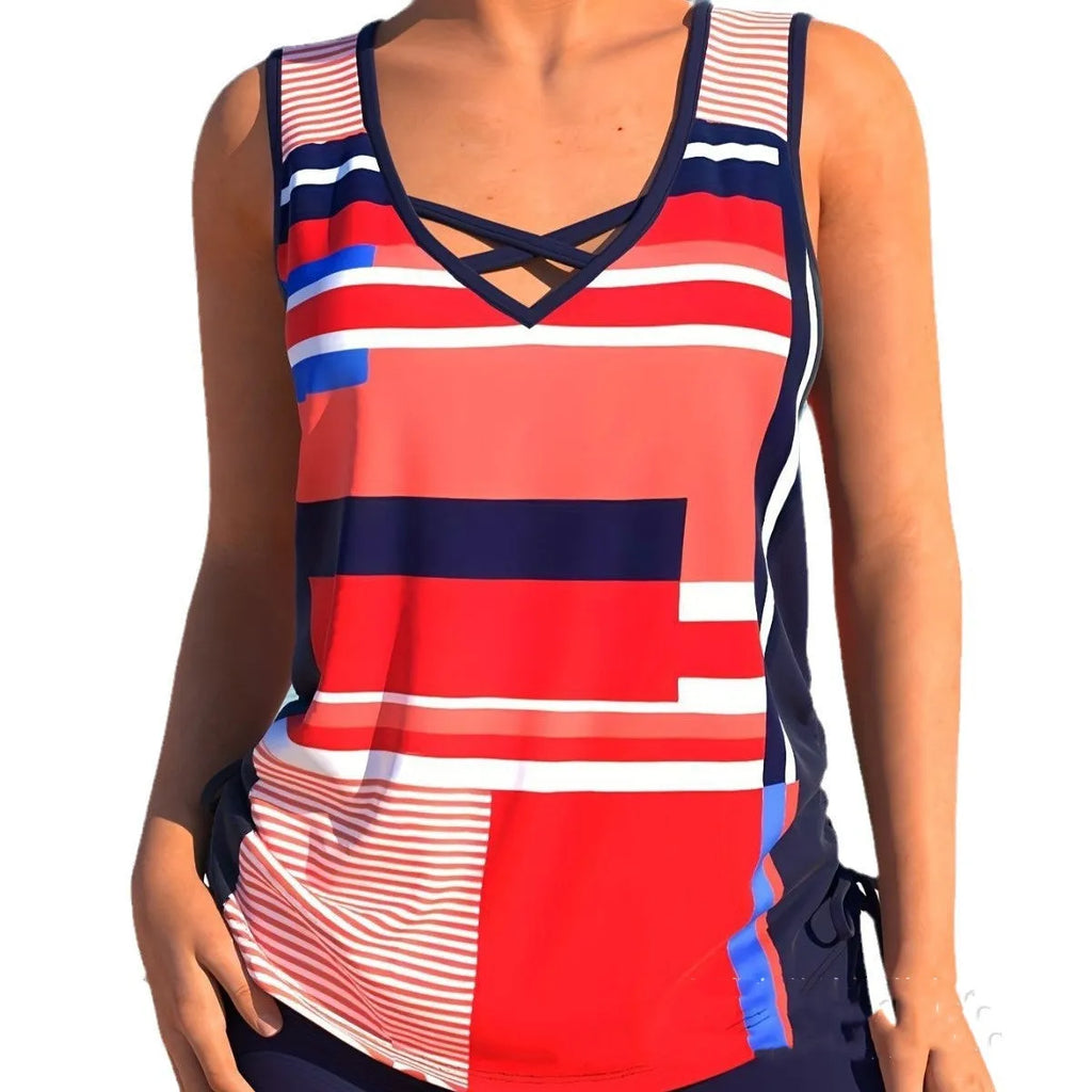Women's printed split boxer swimsuit with top and shorts in multiple colour options