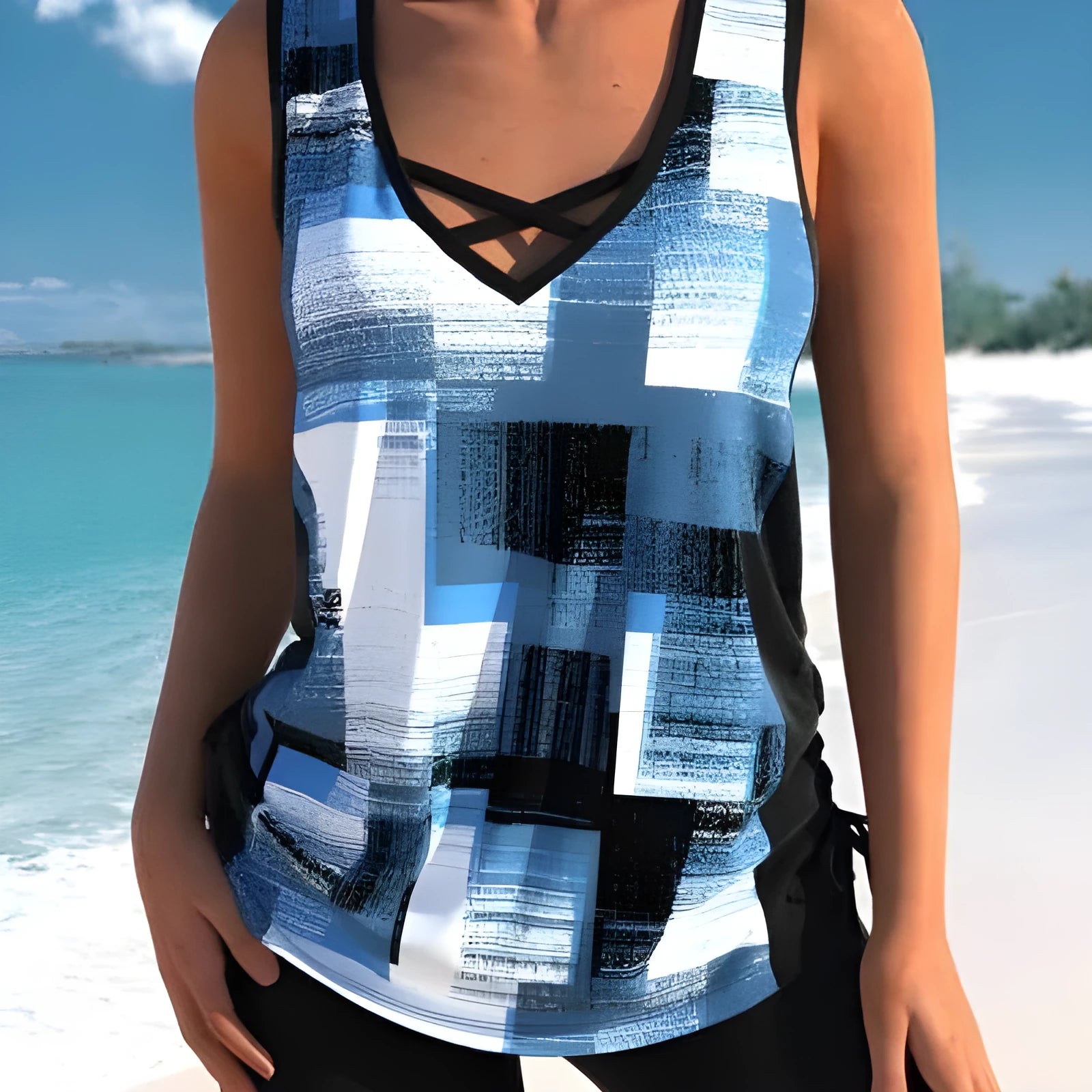 Women's printed split boxer swimsuit with top and shorts in multiple colour options