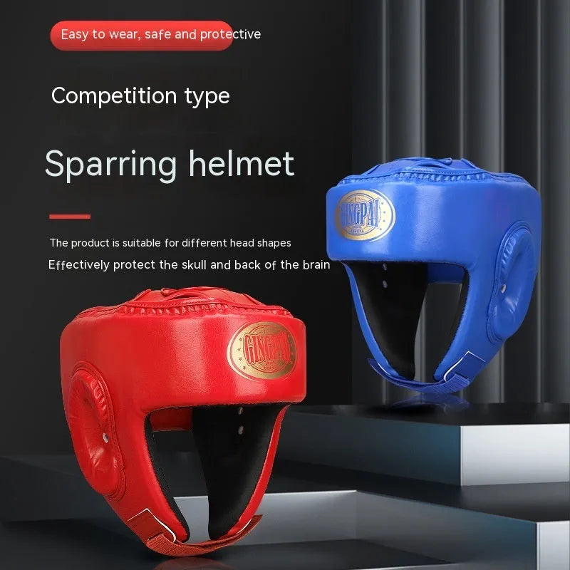Fully enclosed boxing helmet with jaw protection in black, PU material, size options S to XXL