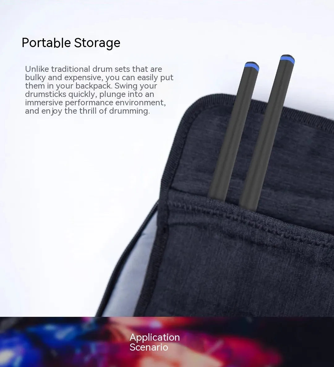 Black wireless air drum kit with two drumsticks, LED lighting, and USB-C charging cable