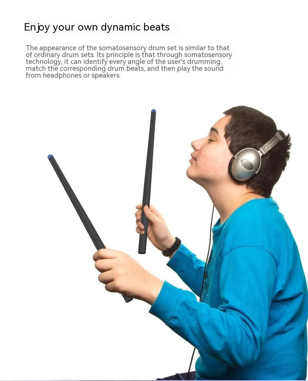 Black wireless air drum kit with two drumsticks, LED lighting, and USB-C charging cable