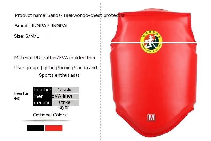 Red boxing helmet and one-piece chest protector set on a grey background.