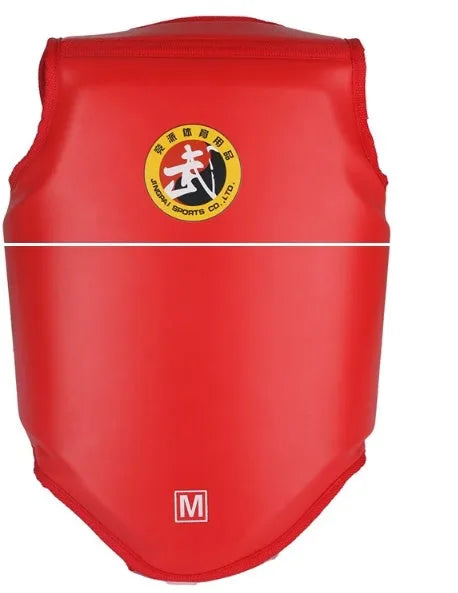 Red boxing helmet and one-piece chest protector set on a grey background.