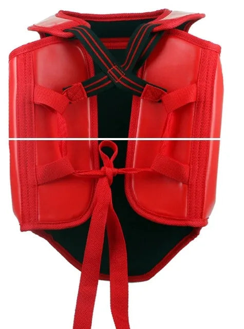 Red boxing helmet and one-piece chest protector set on a grey background.