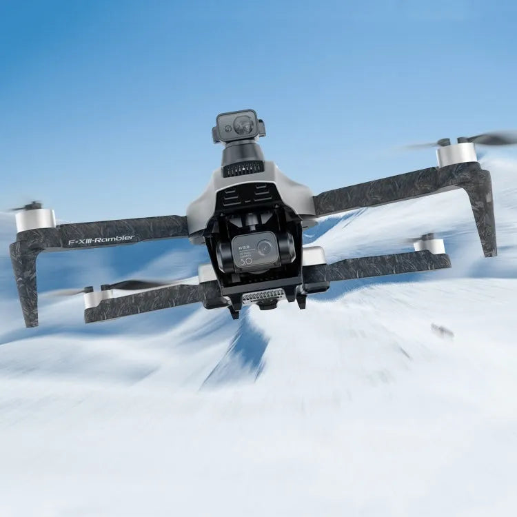 White folding quadcopter drone with camera, remote control, shoulder bag, and flight batteries on a neutral background.