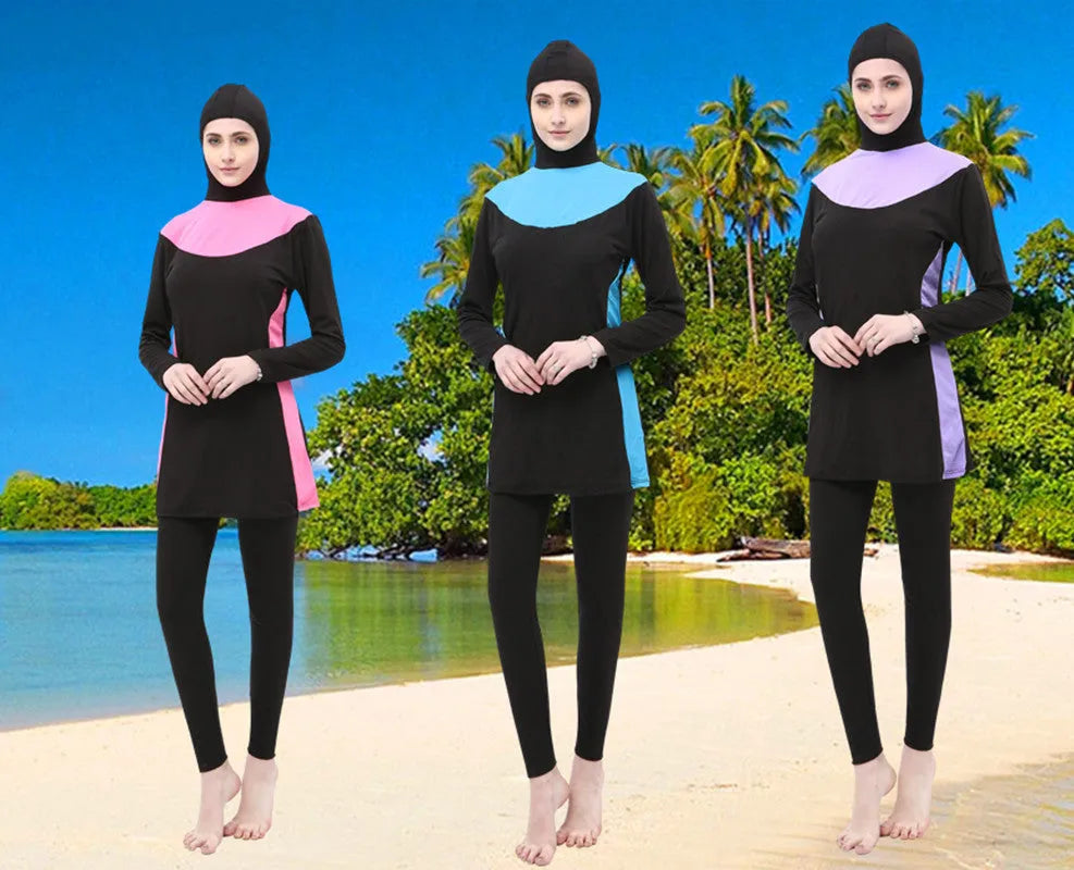 Women's black hooded long sleeve swimsuit two-piece set with contrasting trim