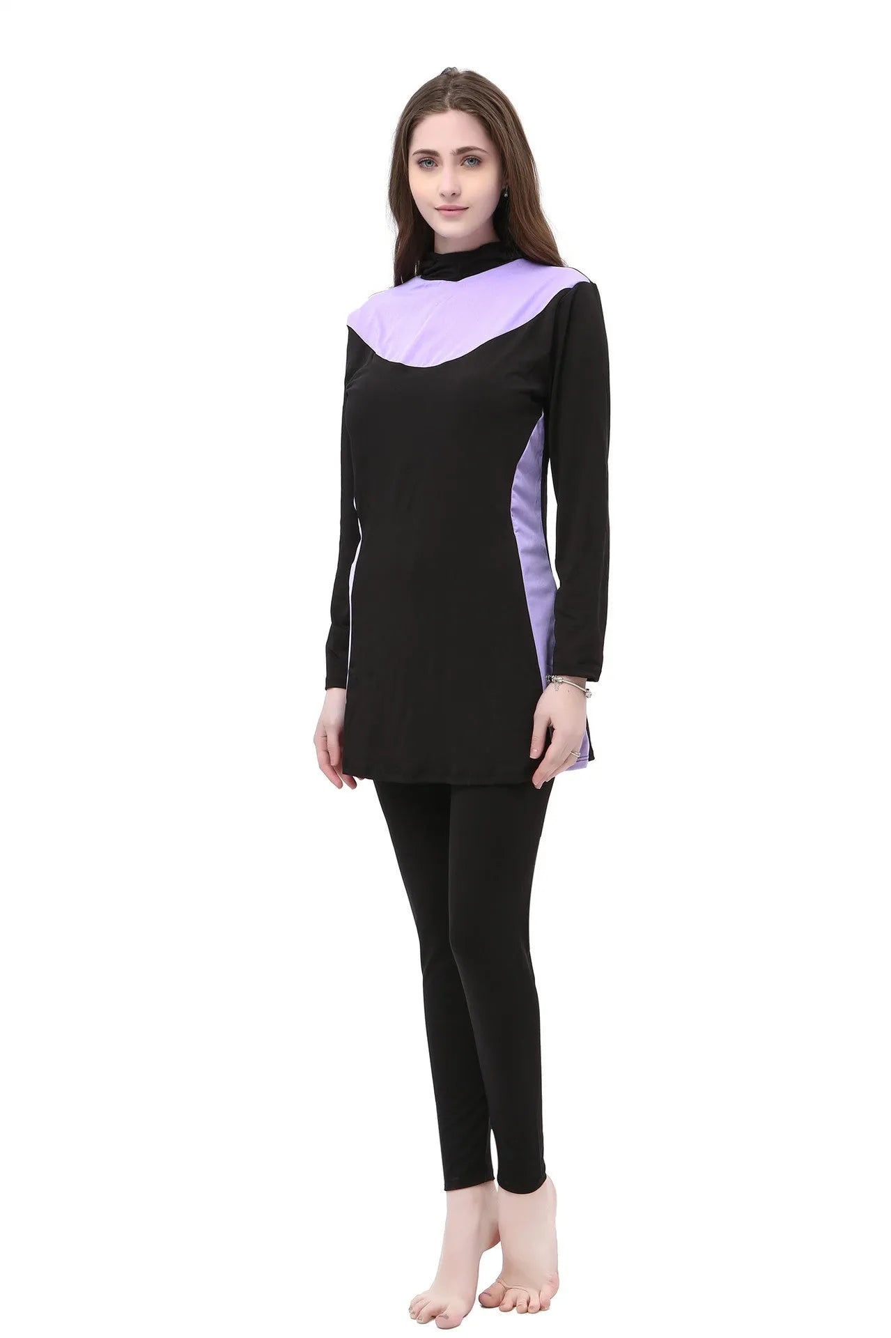 Women's black hooded long sleeve swimsuit two-piece set with contrasting trim