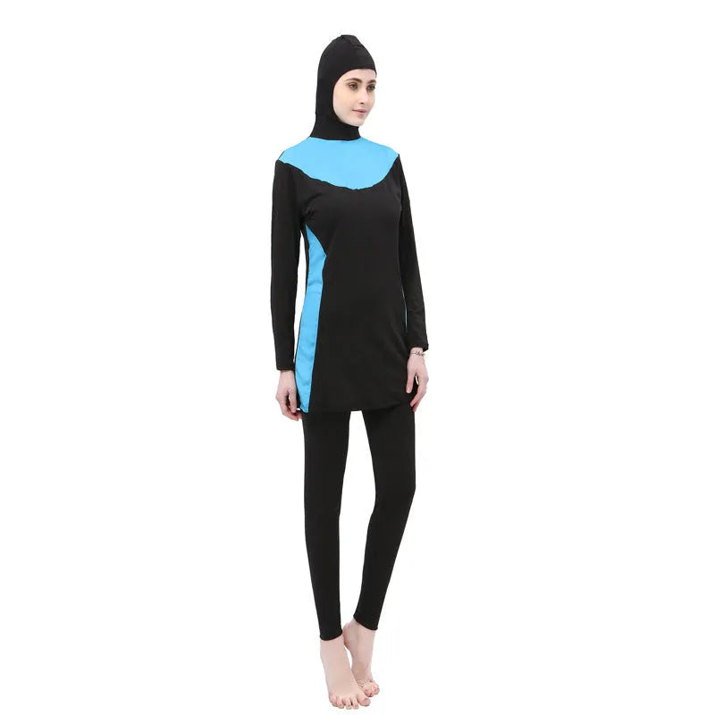 Women's black hooded long sleeve swimsuit two-piece set with contrasting trim