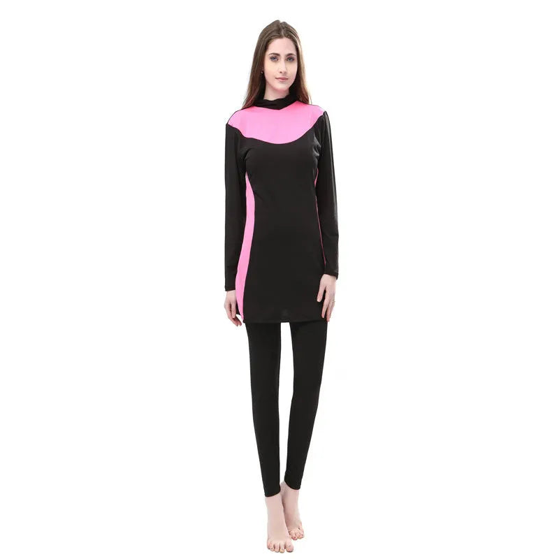 Women's black hooded long sleeve swimsuit two-piece set with contrasting trim