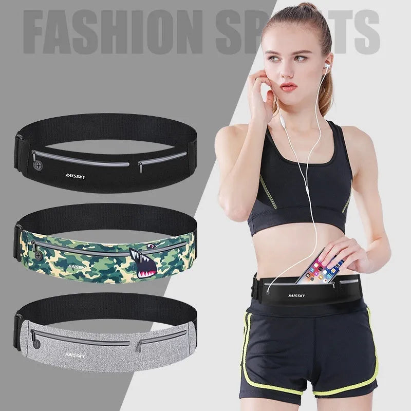 Black 8-inch waterproof waist bag made from chinlon Lycra for outdoor sports and fitness.