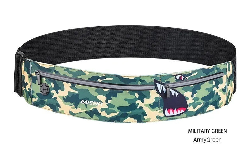 Black 8-inch waterproof waist bag made from chinlon Lycra for outdoor sports and fitness.