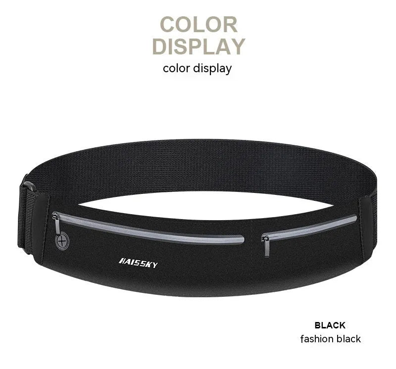Black 8-inch waterproof waist bag made from chinlon Lycra for outdoor sports and fitness.