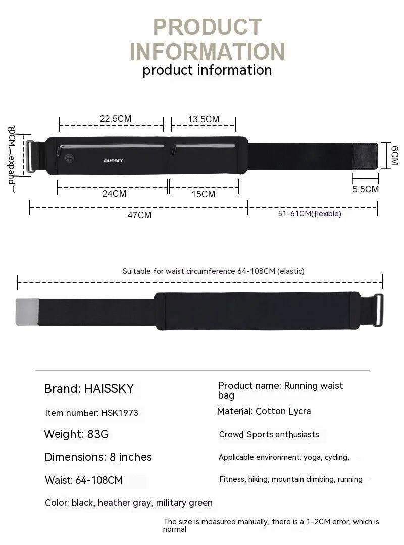 Black 8-inch waterproof waist bag made from chinlon Lycra for outdoor sports and fitness.