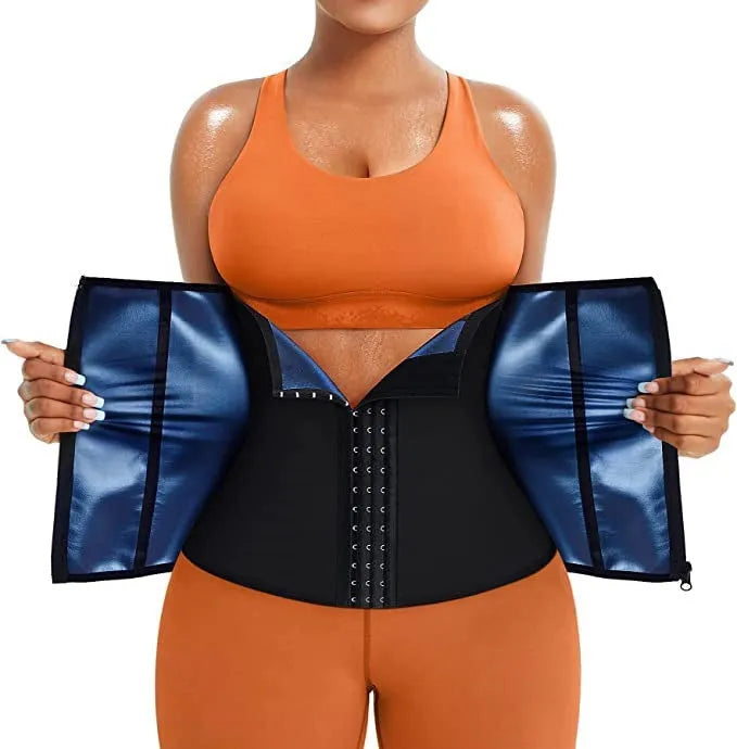 A neoprene sports waist shaping belly belt with an adjustable strap, shown in blue and silver colour options.