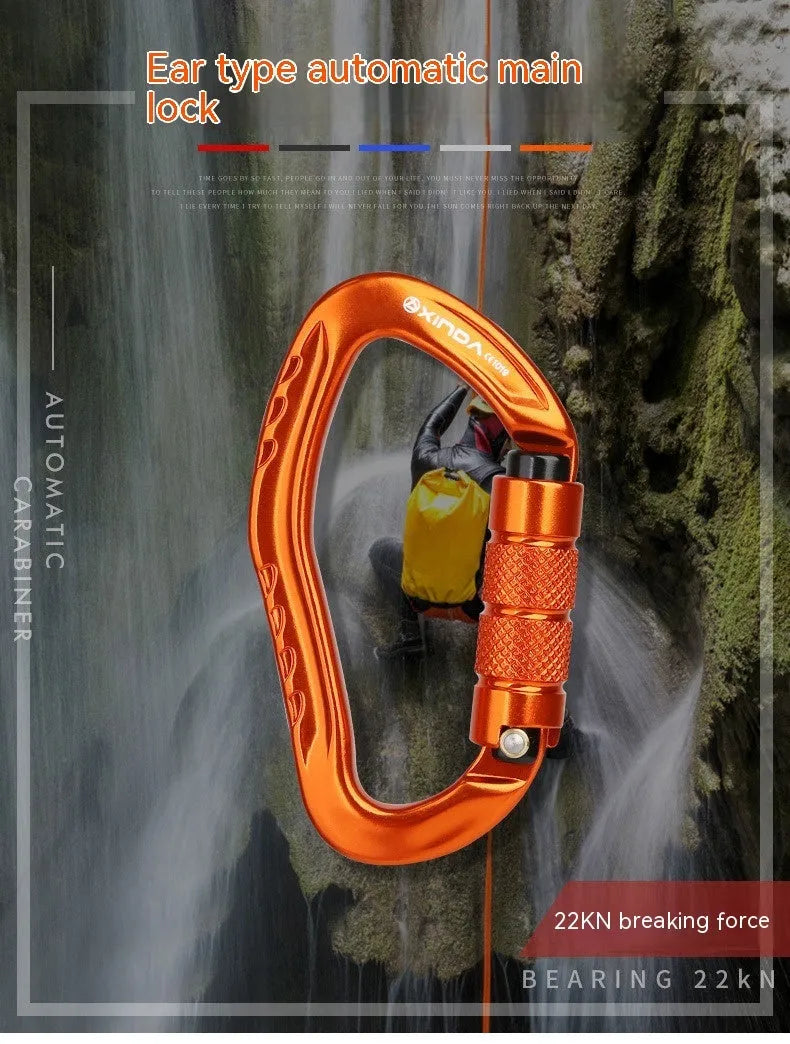 Climbing carabiner with automatic master lock in metal construction, available in multiple colours