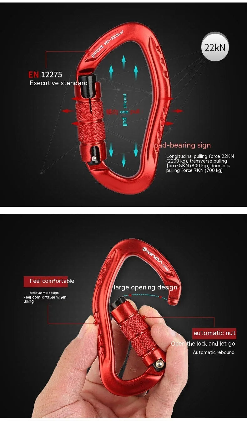 Climbing carabiner with automatic master lock in metal construction, available in multiple colours