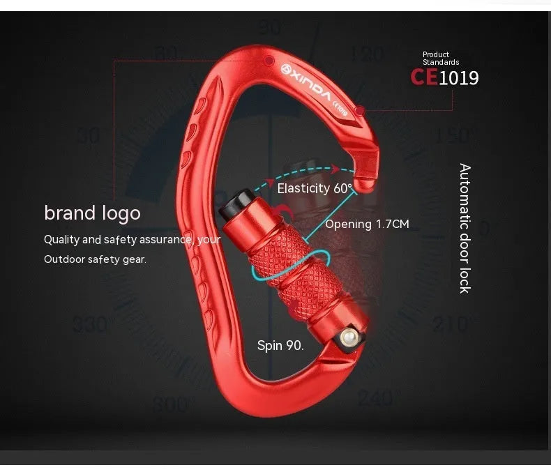 Climbing carabiner with automatic master lock in metal construction, available in multiple colours