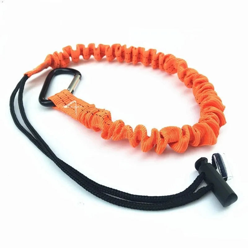 Orange fishing rod safety rope with connector showing 90cm length for fall protection