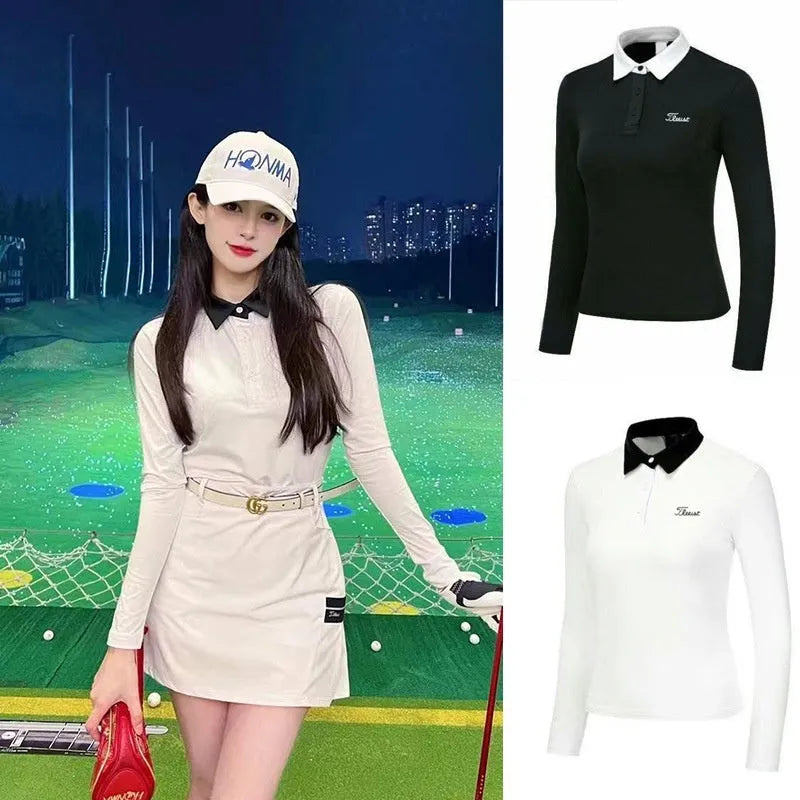 Women's white long sleeve golf top with slim sportswear fit for outdoor activities