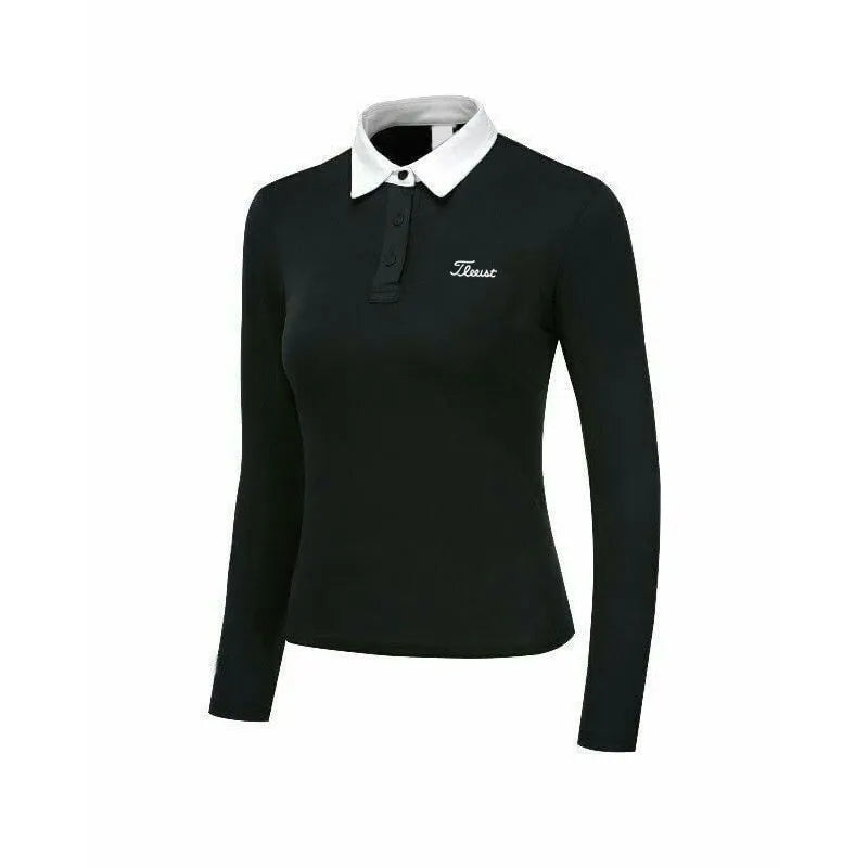 Women's white long sleeve golf top with slim sportswear fit for outdoor activities