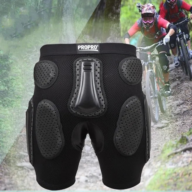 Black cycling hip pad protective pants with integrated protection for multi-sport use