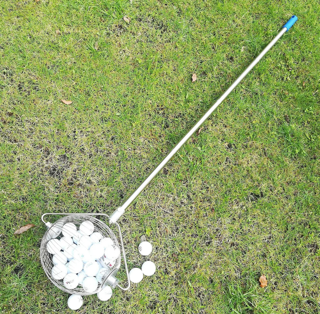 Stainless steel golf ball picker with open claw design on metallic background