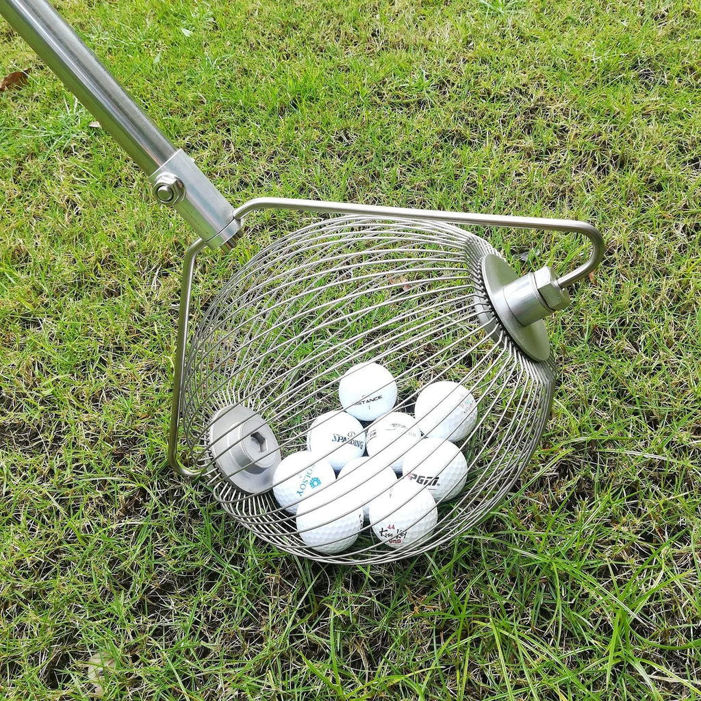 Stainless steel golf ball picker with open claw design on metallic background