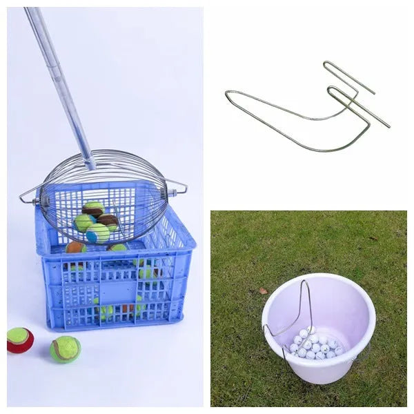 Stainless steel golf ball picker with open claw design on metallic background
