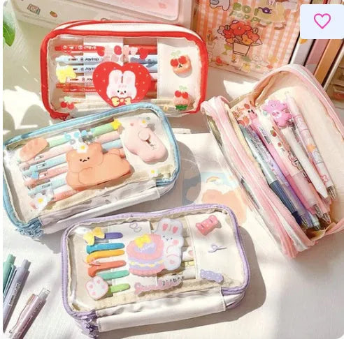 Japanese transparent pen bag with rabbit heart patterns in pink or red Korean style design