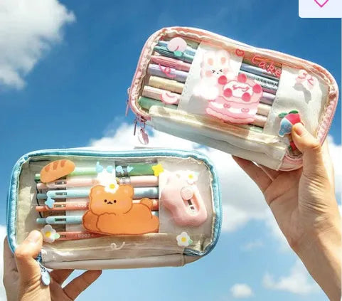 Japanese transparent pen bag with rabbit heart patterns in pink or red Korean style design