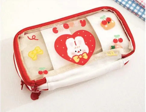 Japanese transparent pen bag with rabbit heart patterns in pink or red Korean style design