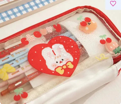 Japanese transparent pen bag with rabbit heart patterns in pink or red Korean style design