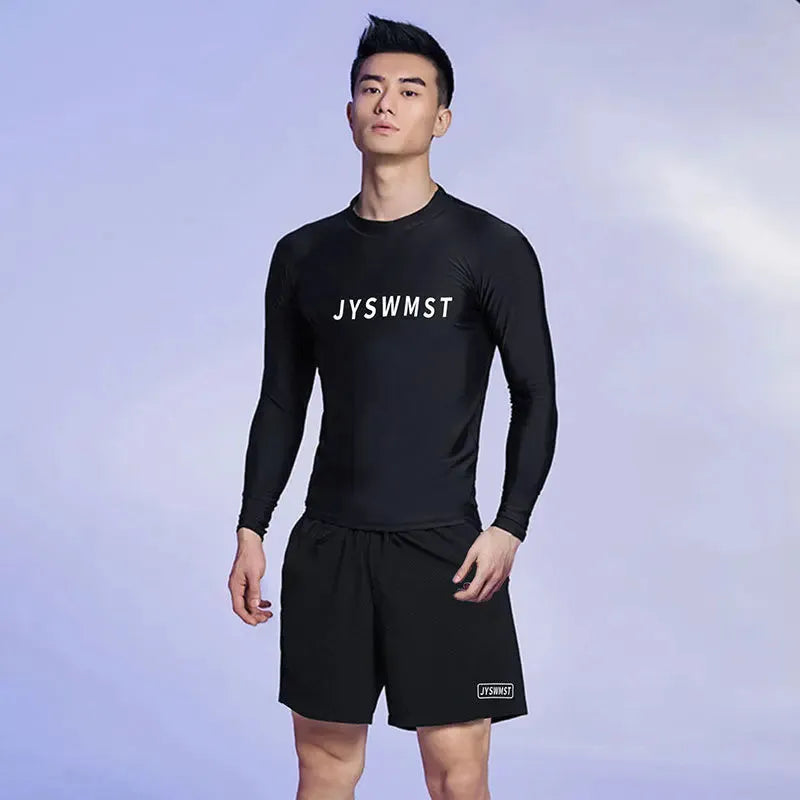 Men's patterned swimsuit set with matching swim trunks in plus sizes