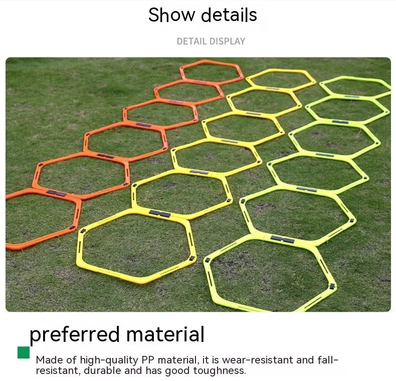Set of six yellow, green, and orange foldable hexagonal football agility training rings laid flat.
