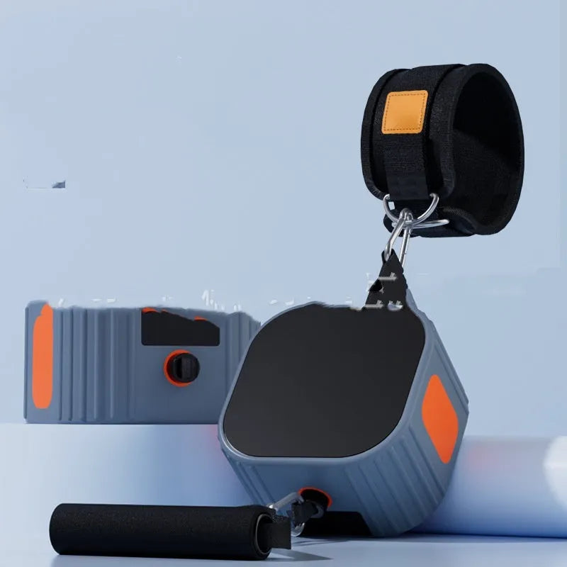 Multifunctional fitness equipment with chest expander and rowing machine functions in blue-grey colour