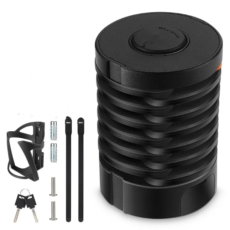 Black bicycle folding lock extended to 30cm length showing interlocking steel segments and zinc alloy housing
