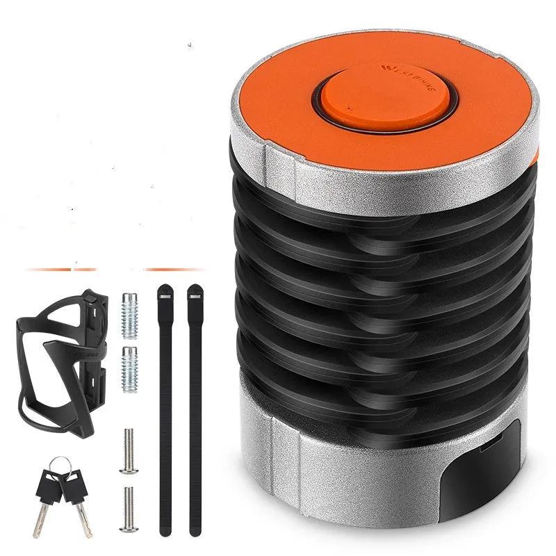 Black bicycle folding lock extended to 30cm length showing interlocking steel segments and zinc alloy housing