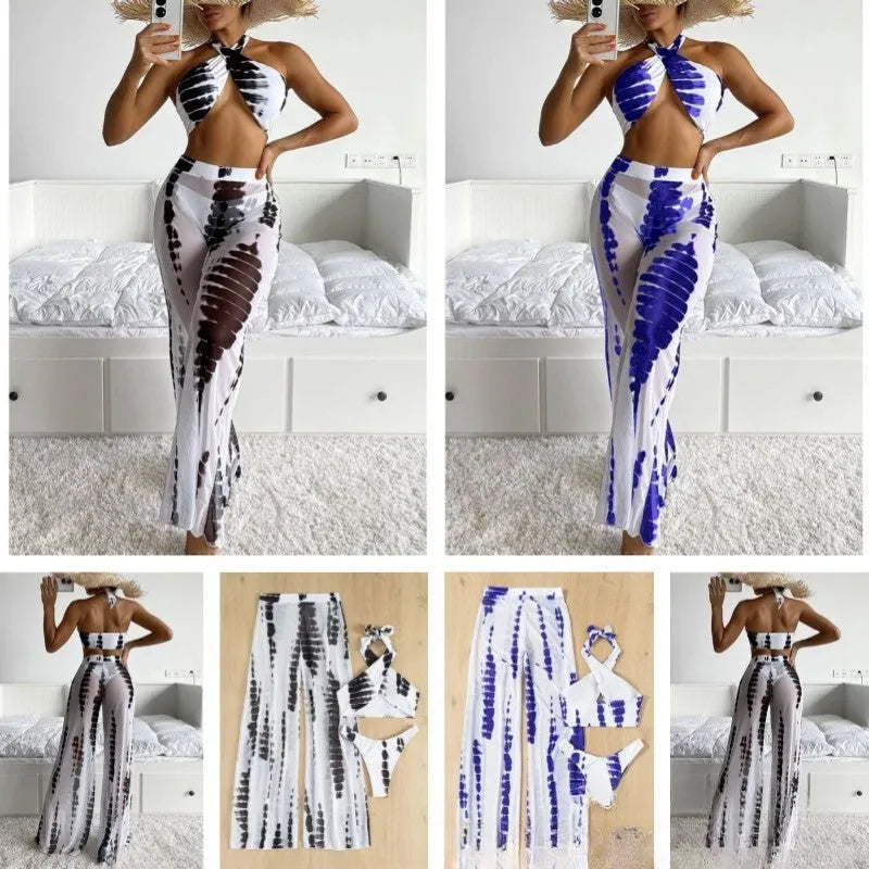 Three-piece swimsuit bikini set with mesh trousers in quick-drying polyester fabric
